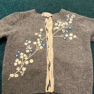 Bonpoint Gray Cardigan with Blue and Cream Floral Embroidery